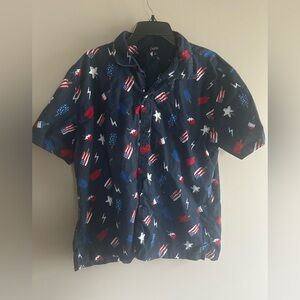 City Streets Patriotic Shirt Mens Button Up Short Sleeve Stars Stripes size L